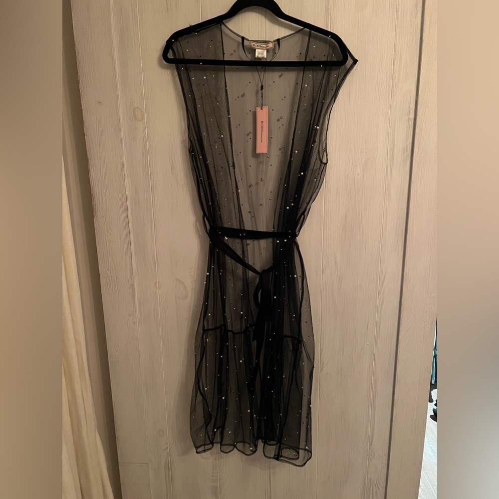 Black sheer BCBG Generation sleeveless pearl and crystal shawl/ Kimono